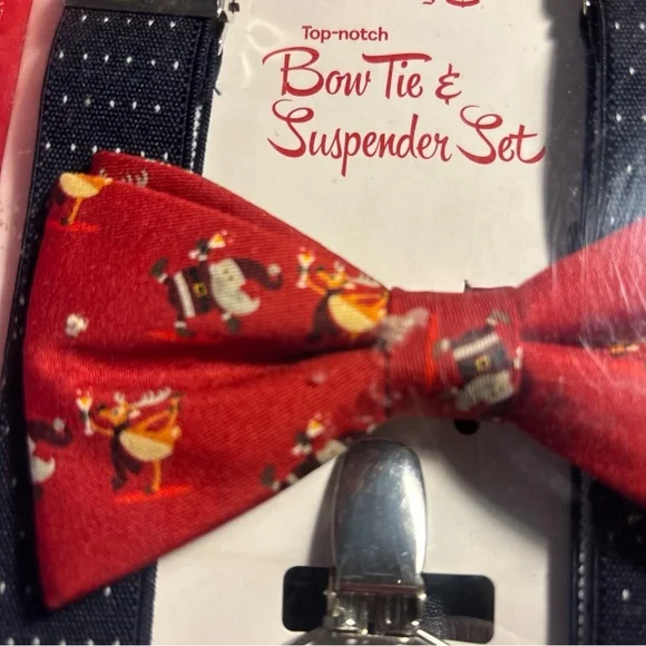 Wembley Festive Red Bow Tie and Navy Suspenders - Picture 4 of 5